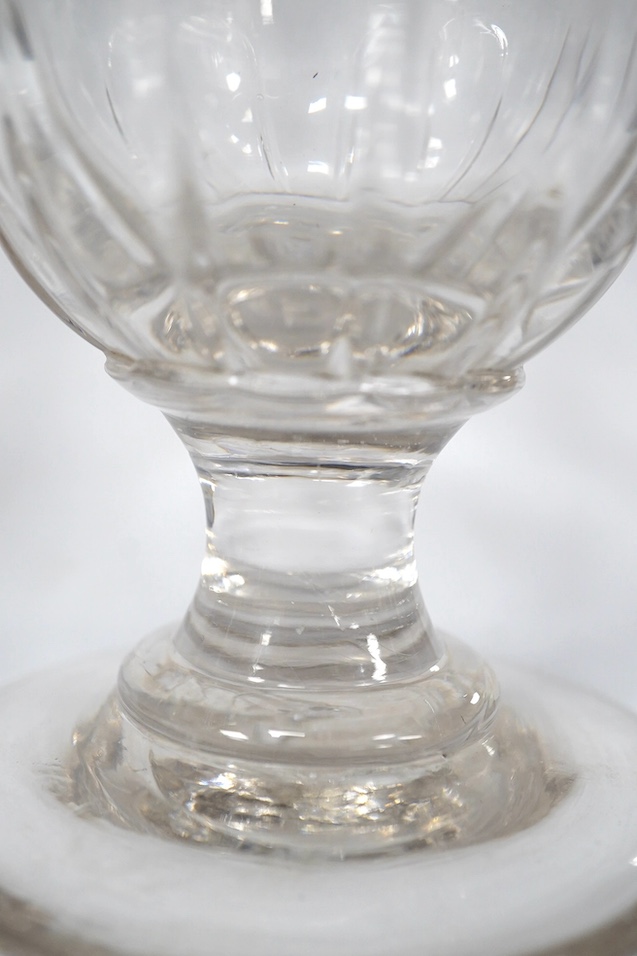 A diamond point engraved commemorative goblet, with the design of the Royal coat of arms, Prince of Wales feathers, horses, riders and a poem, inscribed ‘D.Coghill 1881’, together with a wheel engraved graved rummer, ins